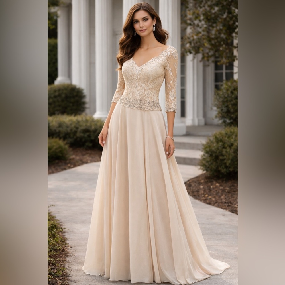 MC5750 by Cameron Blake Champagne Lace Mother’s Gown – Slim A-Line | NWT